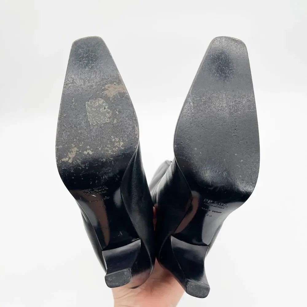 Vintage Prada Black Leather Square Toe Heeled Knee High Italian Boots 90s IT 36 - Picture 12 of 14